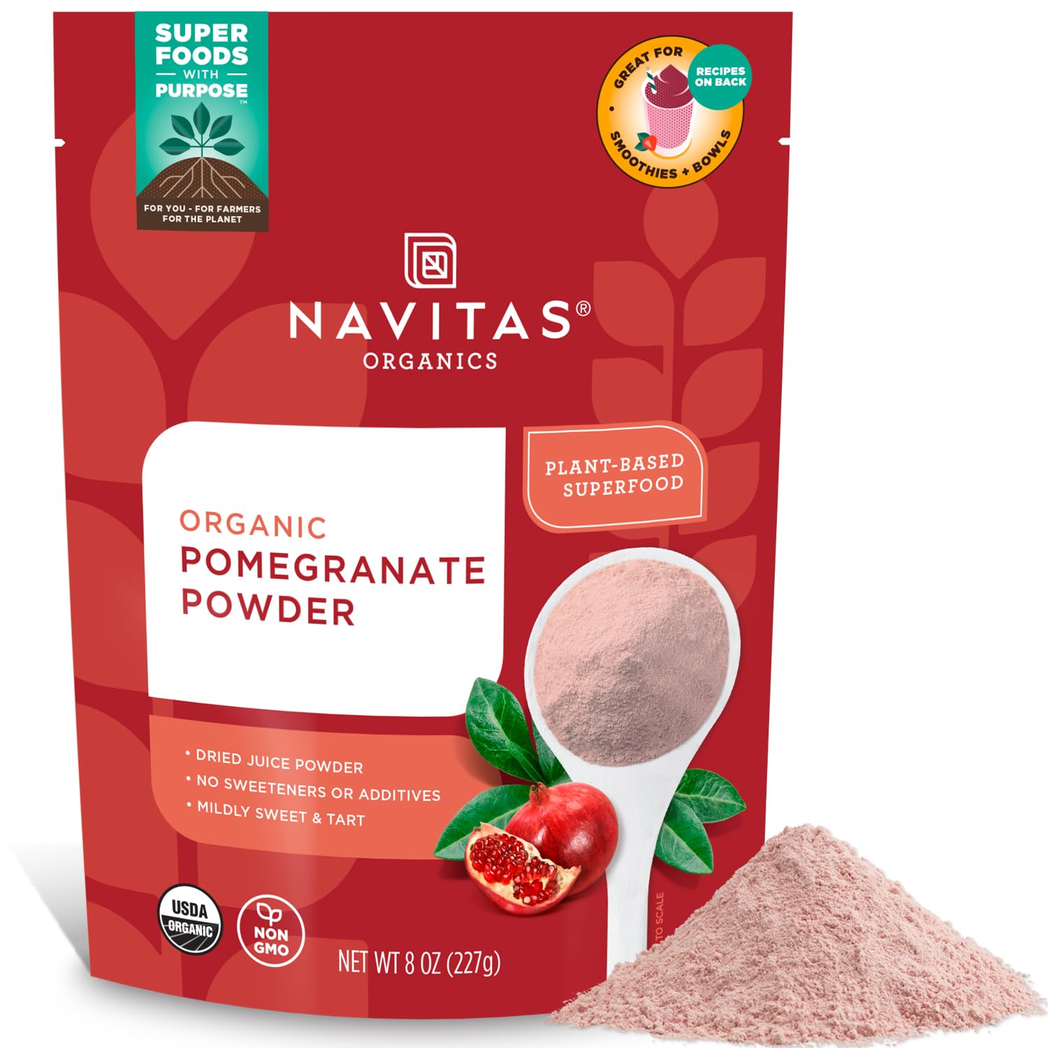 Navitas Organics Pomegranate Powder – Freeze-Dried Juice Powder - For Smoothies, Desserts, Dips & More – Antioxidant Support - USDA Organic, Non GMO, Kosher, Gluten Free, Vegan (8oz. Bag, 45 Servings)