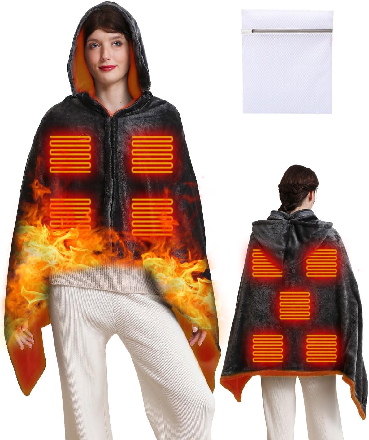2024 Upgraded USB Electric Heated Shawl Blanket with Zipper Detachable Hat, Large Size Thick Flannel,Fast Heating 3 Temperature Levels and Nine Heated Areas Blanket,Portable Throw for Home and Office