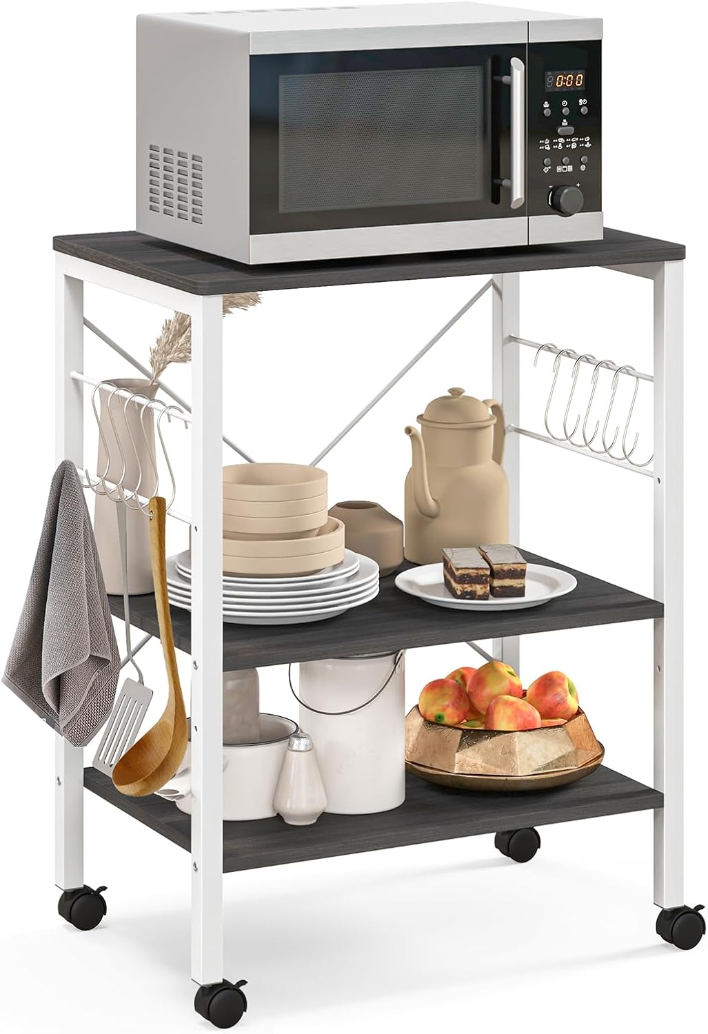 TANGZON 3-Tier Kitchen Baker's Rack on Lockable Wheels, Metal Frame Rolling Kitchen Storage Cart with 5/10 S-Hooks, Utility Shelves Unit for Home Dining Living Room (2 Adjustable Shelves, Brown)