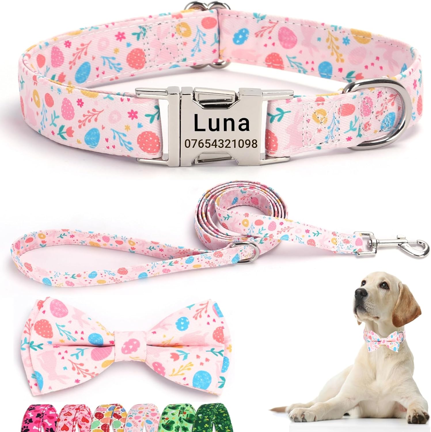 SEOUGEE Easter Dog Collar Personalised with Bowtie & Lead Set, Adjustable Cotton Dog Collars and Leash with Engraved Metal Buckle for Small Dogs (Bunny Bloom Set, S:Neck 30-40cm)