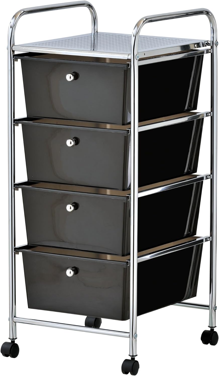 VonHaus 4 Drawer Plastic Storage Trolley, Multipurpose Storage Drawer Rolling Cart, Unit Home Office Stationery Organisation, Make-up, Beauty - Mobile Design 4 Tier Shelving and Castor Wheels - Black