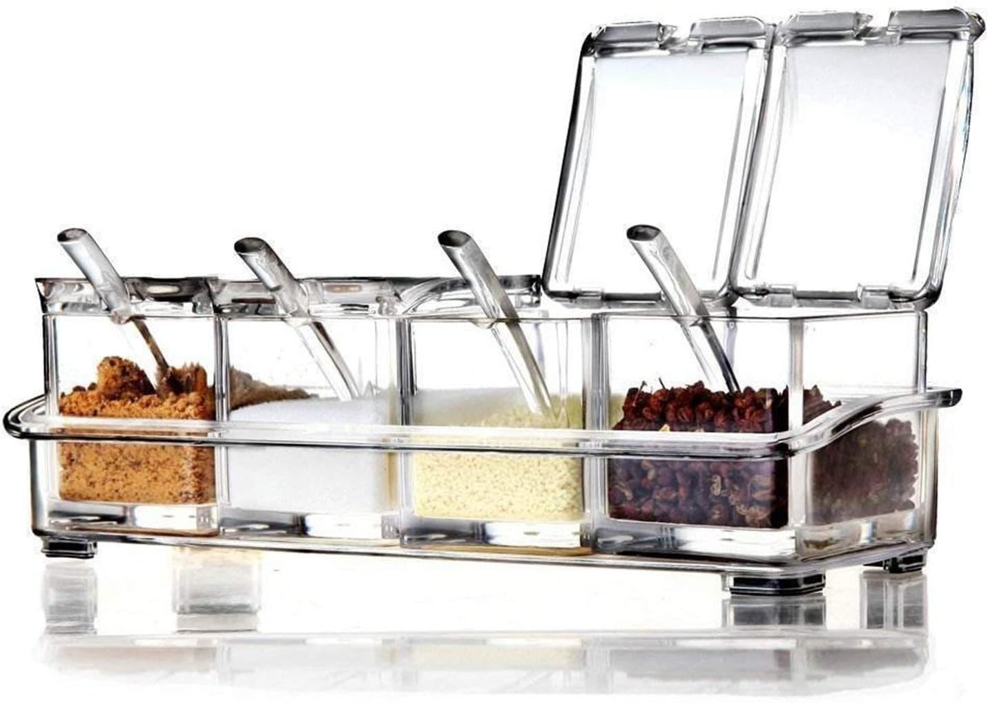 AIQI Clear Seasoning Rack Spice Pots - 4 Piece Acrylic Seasoning Box - Storage Container Condiment Jars - Cruet with Cover and Spoon