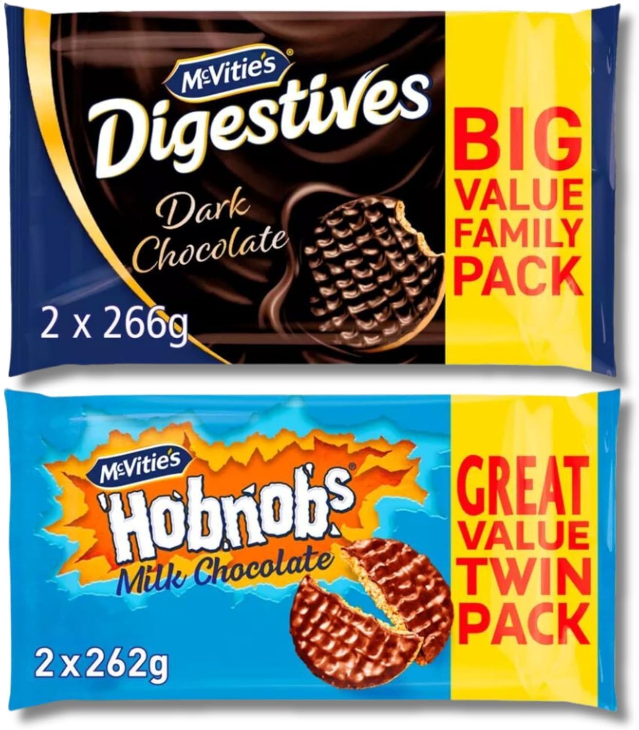 Mcvities Biscuits Multipacks - McVities Digestives Biscuits Dark Chocolate 2x266g and McVitie's Hobnobs Biscuits The Oaty One Milk Chocolate 2x262g Bundled | Great Deal | Sold by ESSENTIAL PRODUCTS