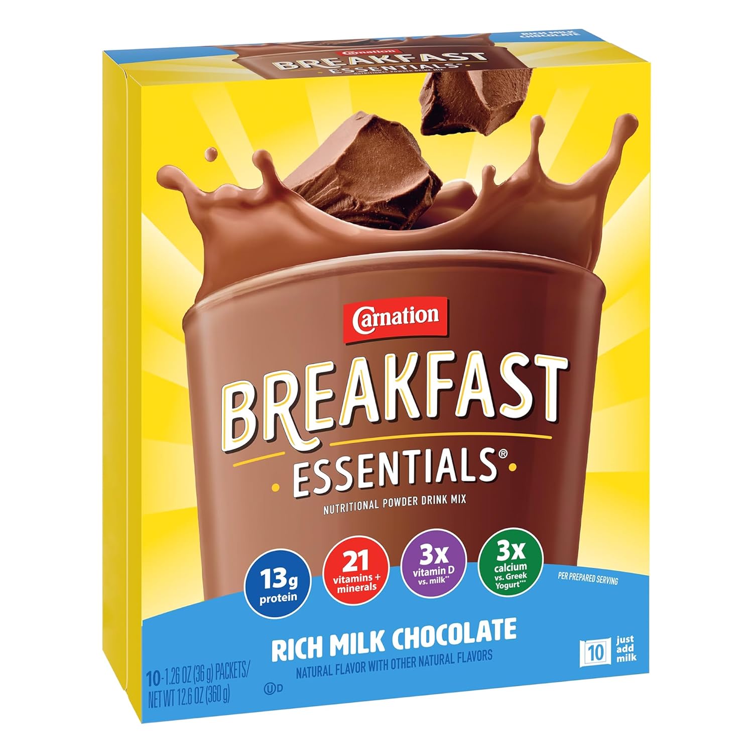 Carnation Breakfast Essentials Powder Drink Mix, Rich Milk Chocolate, 10 Count Box of 1.26 Ounce Packets (Pack of 6)