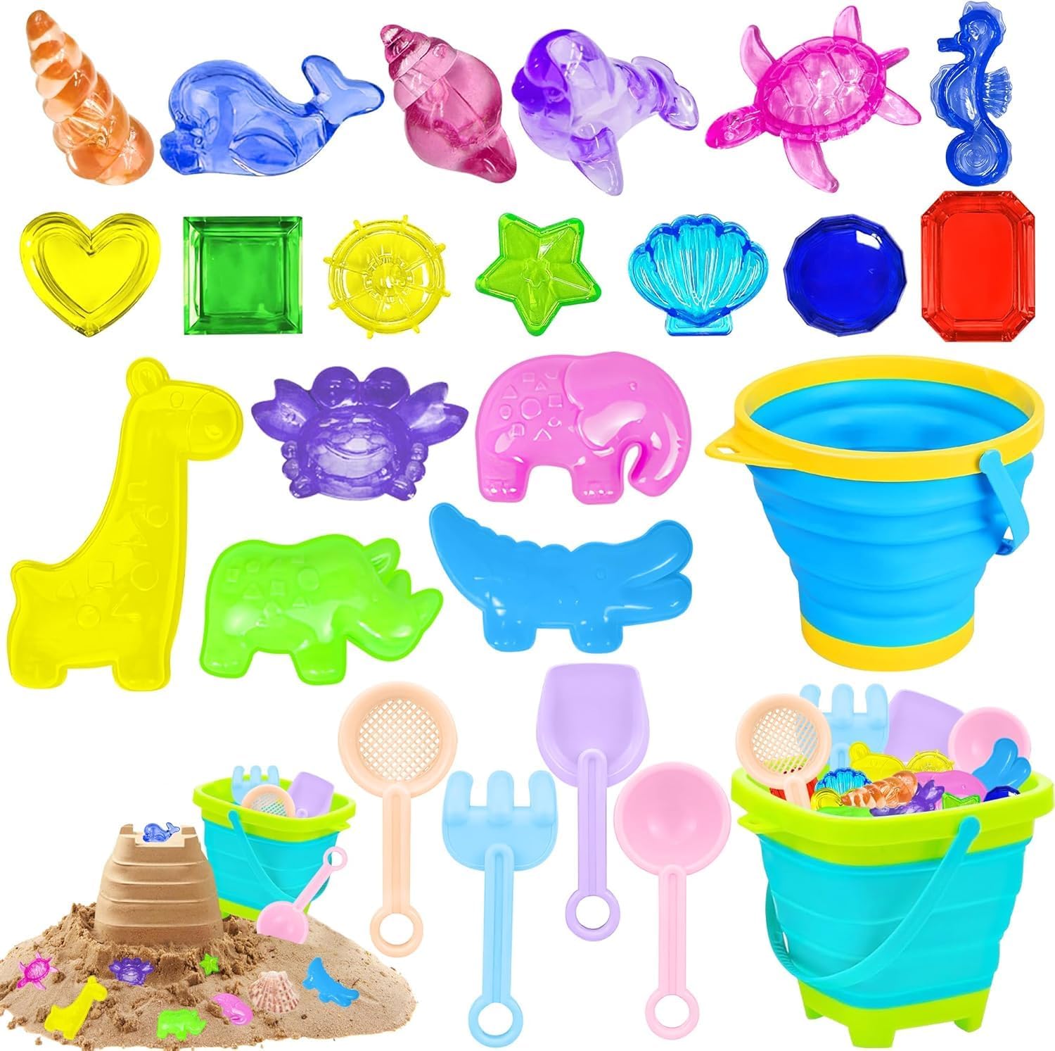 24PCS Bucket Beach Toys Set, Sand Toys with 2 Collapsible Bucket, 4 Shovel Tool Kits,14 Ocean Theme Beach &Pool Toys, Sand and Water Outdoor Fun Tools for Boys Girls-A