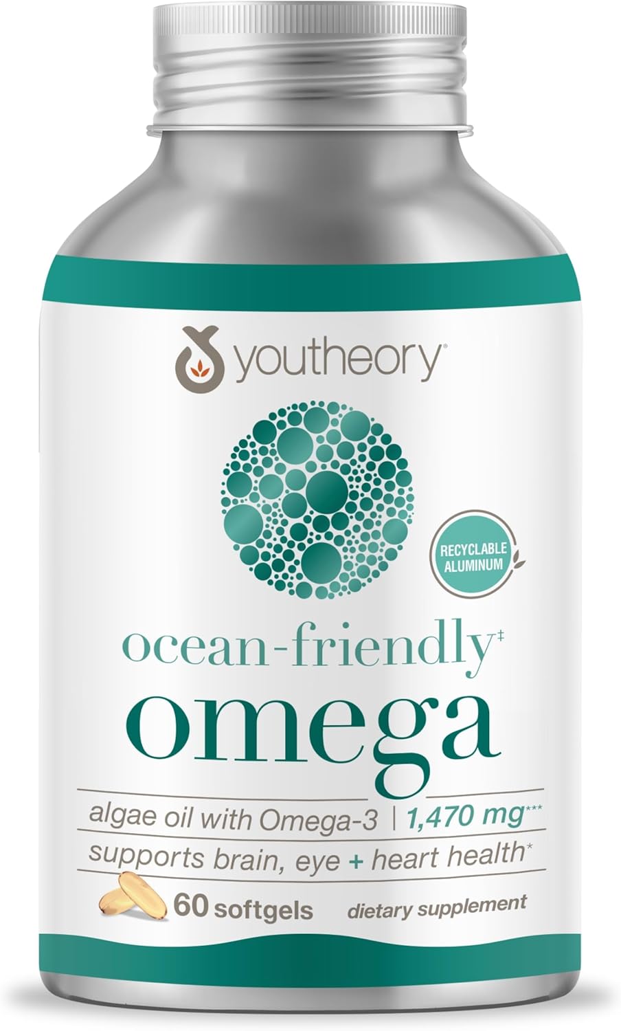 Youtheory Ocean-Friendly Omega - Vegan Algae Omega 3 Softgel - with EPA & DHA - Heart, Eye & Brain Health - Recyclable Aluminum Container - Gluten, Soy & Dairy Free - 60 Softgels
