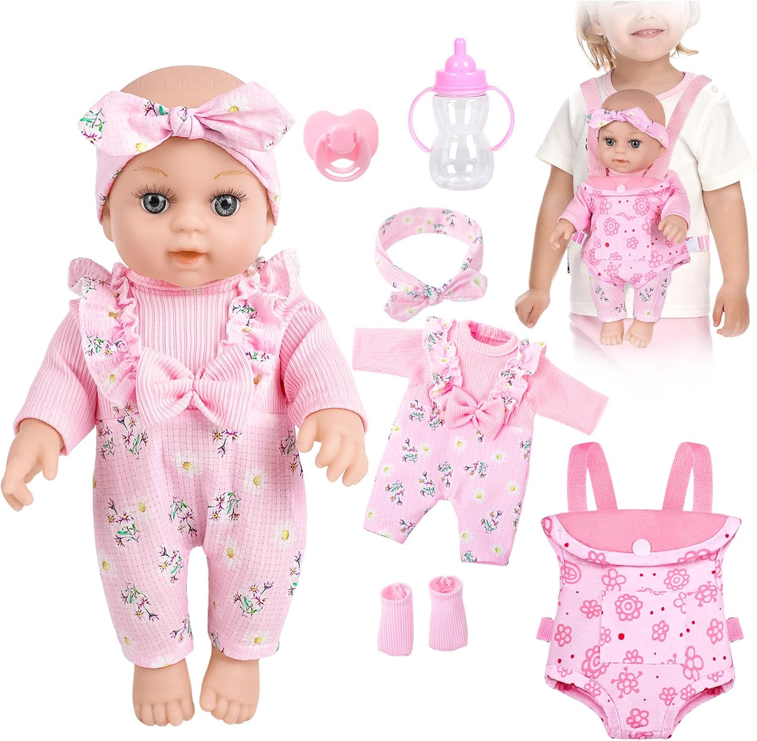 12" Baby Doll Care Gift Set in Box with Dolls Carrier,Baby Dolls with Accessories Include Clothes Socks Bottle and Pacifier Pretend Play Toddler Toys for Kids Age 3+