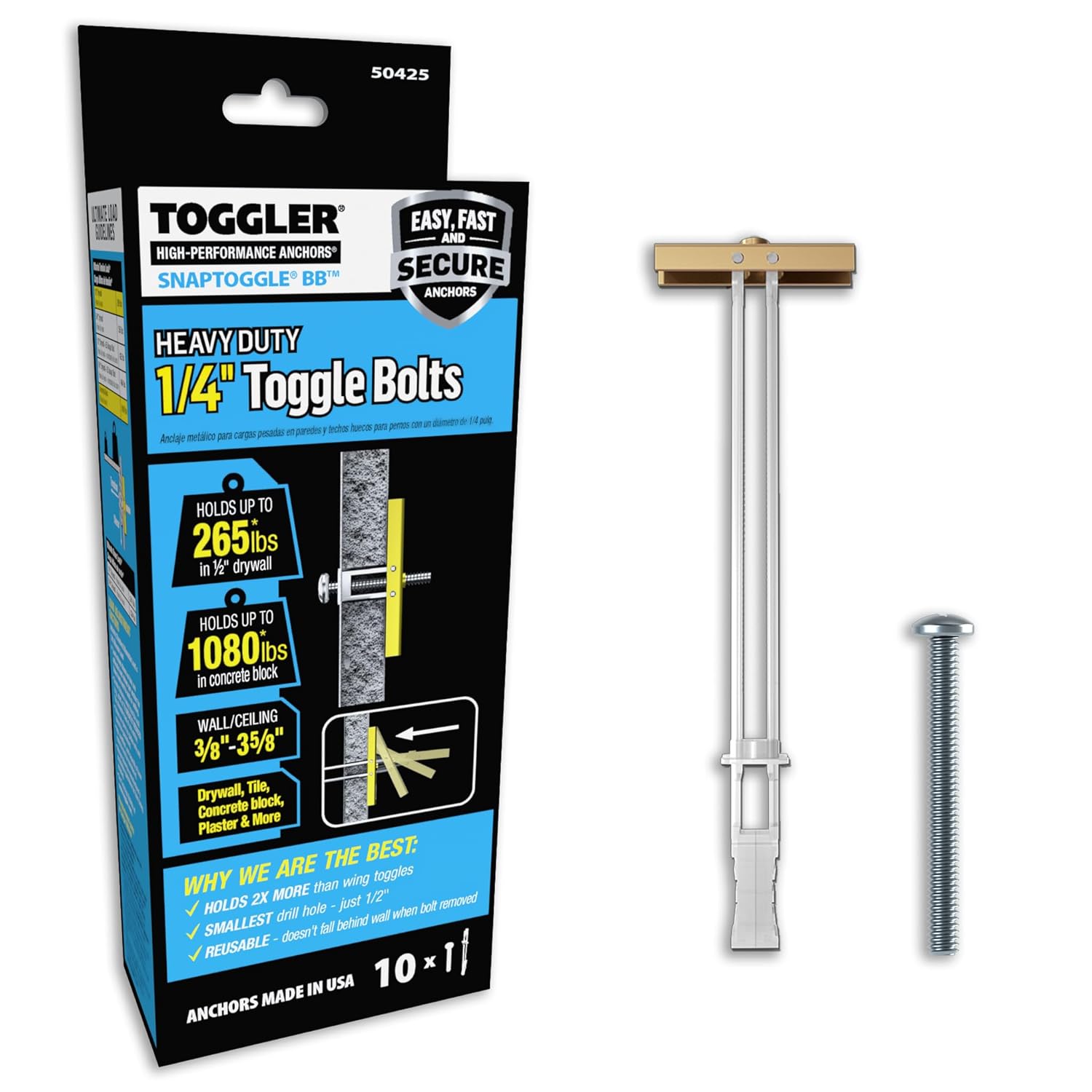 TOGGLER SNAPTOGGLE BB Toggle Anchor with Bolts, Zinc-Plated Steel Channel, Made in US, 3/8" to 3-5/8" Grip Range, for 1/4"-20 UNC Fastener Size (Pack of 10)