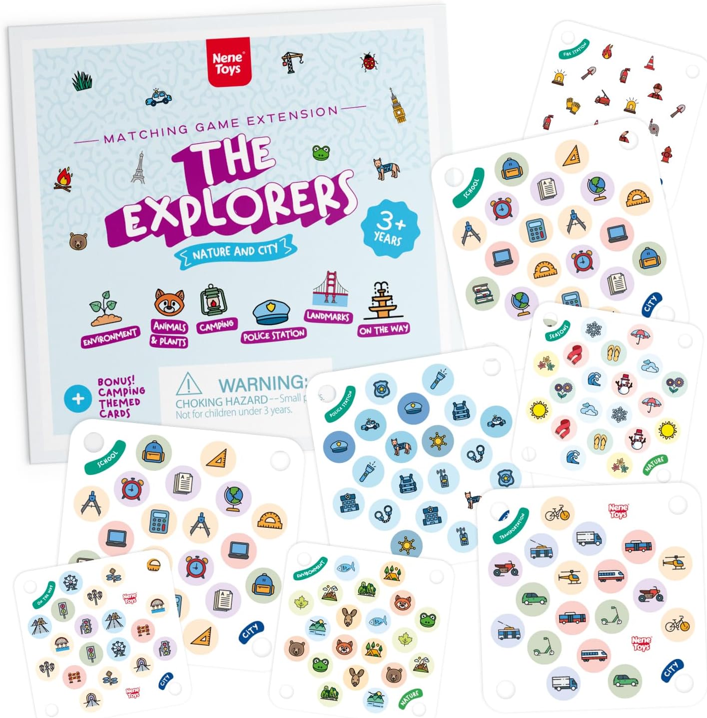 Nene Toys Matching Game Extension [The Explorers] - 24 Extra Nature and City Themed Patterns for Ladybug & Unicorn Memory - Enhanced Cognitive Development Play - Ideal for Kids 3+ Years