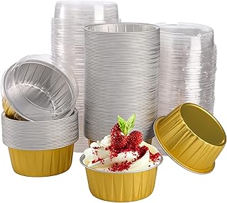 DEAYOU 100-Pack Aluminum Foil Baking Cups with Lids, 5oz Disposable Muffin Cupcake Ramekins, 3" Recyclable Cupcake Foil Liners Mini Tart Pie Tin Pan Holder for Souffle, Pudding, Party, Wedding, Gold