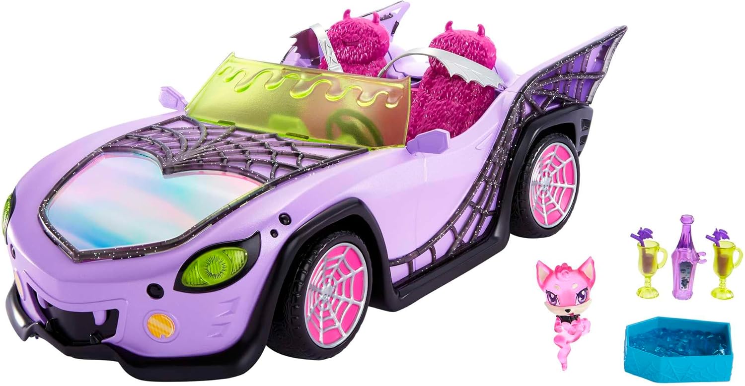 Monster High Toy Car, Ghoul Mobile with Pet & Cooler Accessories, Purple Doll-Sized Convertible with Spiderweb Details