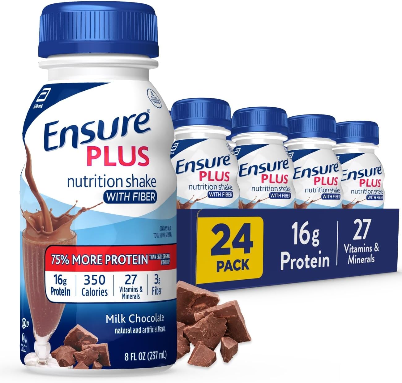 Ensure Plus Milk Chocolate Nutrition Shake with Fiber | Meal Replacement Shake | Ready to Drink | 16g Protein and 27 Vitamins and Minerals | 8 fl oz - 24 Pack