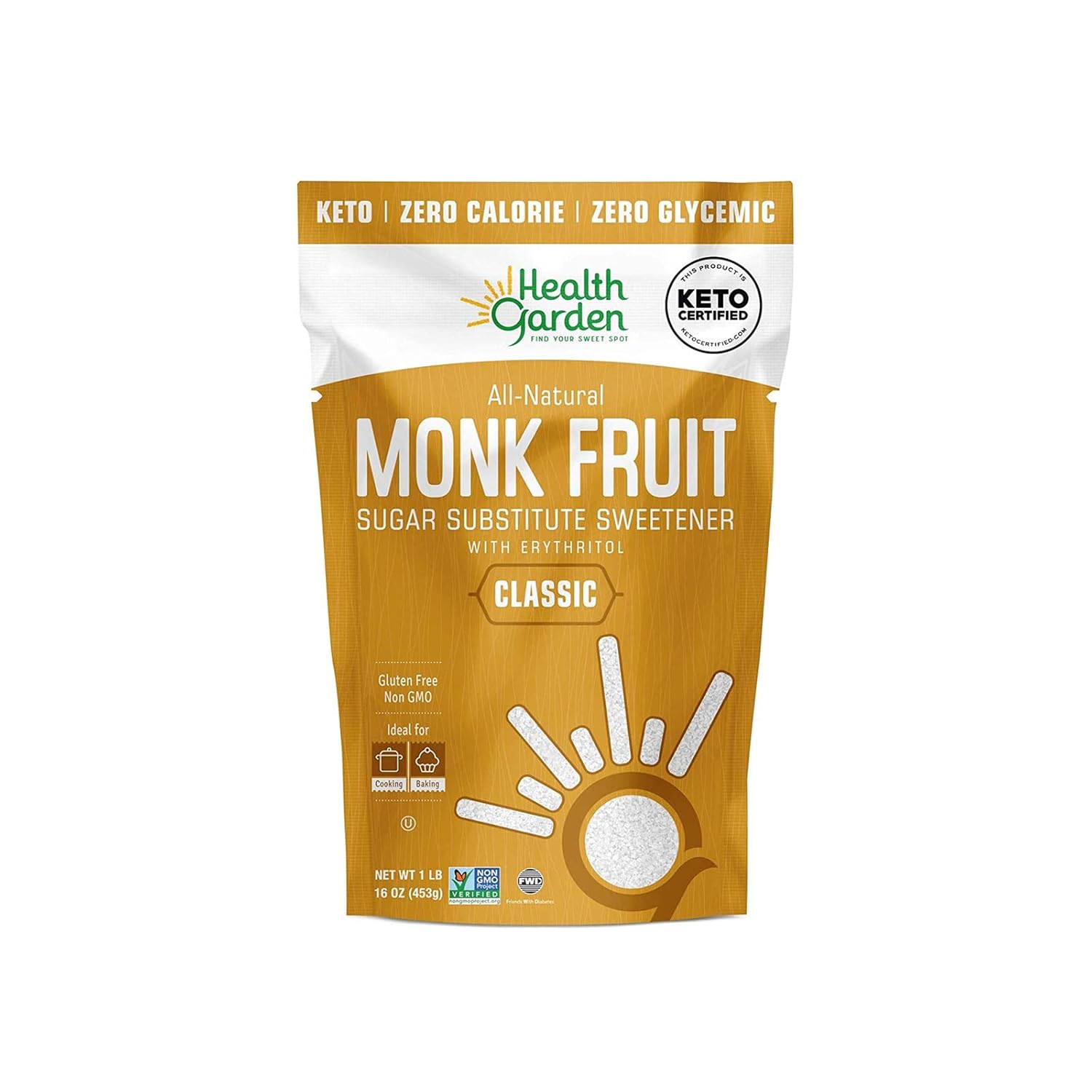 Health Garden Monk Fruit Sweetener, Classic - Non GMO - Gluten Free - Sugar Substitute - Kosher - Keto Friendly (1 lb)