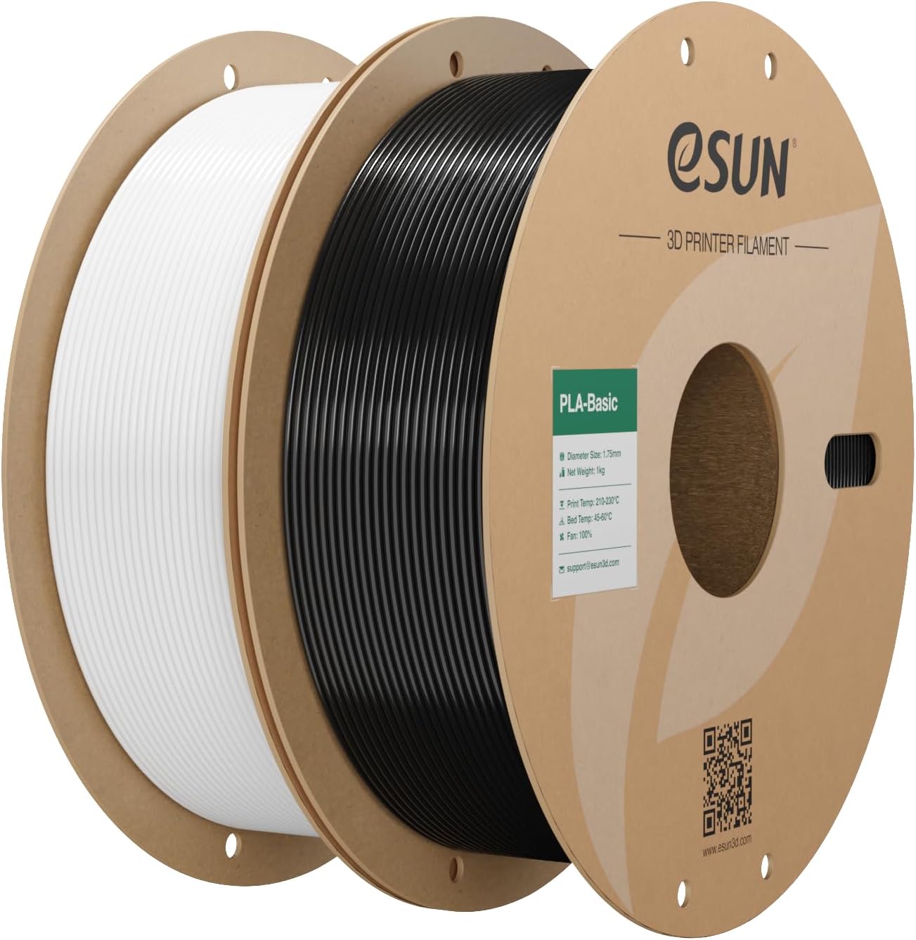 eSUN PLA Basic Filament 1.75mm, 3D Printer Filament High Speed PLA for Fast Printing, 1KG per Spool, 2 Spools High Speed 3D Printing Filament, Cold White + Black