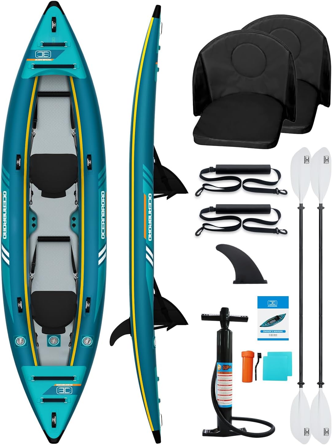 OCEANBROAD Inflatable Sit-in Kayak, 1 Person/2 Person Blow Up Kayak for Adults with Paddle, Kayak Seat, Pedal, Hand Pump and Bag, Blue/Sky Blue