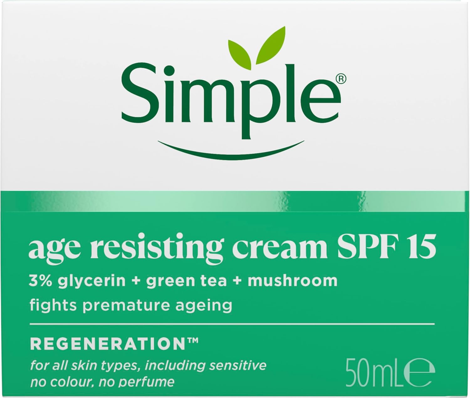 Simple Regeneration Age Resisting Face Cream SPF 15 with 3% Glycerin, Green Tea and Mushroom Extract Anti-Ageing Moisturiser 50 ml