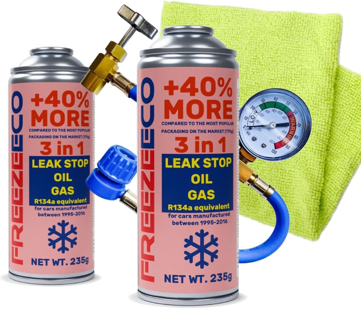 2x 3-in-1 R134a Replacement Refrigerant for Air Conditioning with Oil and Sealant + Hose + Cloth