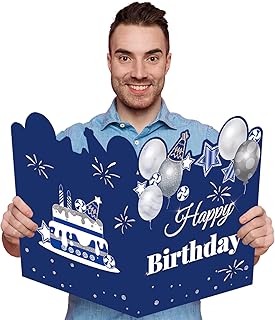 HOMANGA Giant Birthday Card, Jumbo happy Birthday Card for Men Women Colleague, Large Birthday Guest Book with Envelope, Blue Silver Big Birthday Card 14x22 inches