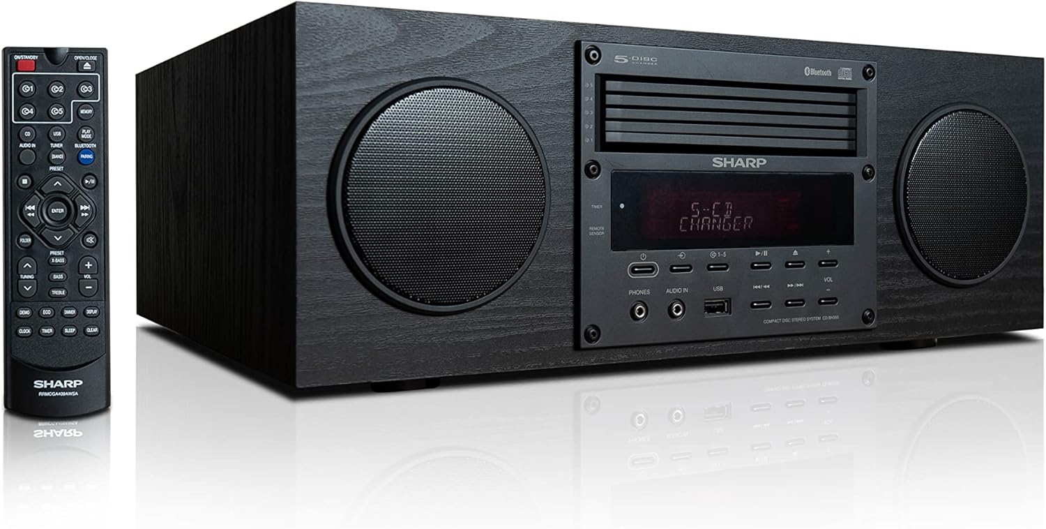 Sharp CD-BH350 Micro Audio Component System with 5 CD Changer, Bluetooth, FM Radio & USB Playback - 50 Watts RMS