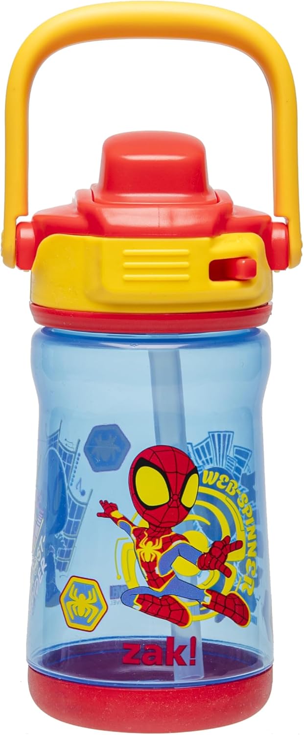 Zak Designs Marvel Spider-Man Beacon Kid Water Bottle for Travel, 12oz Plastic is Durable and Leak-Proof with Liquid Lock Spout, Cover, Carry Handle, Protective Base (Spidey and His Amazing Friends)