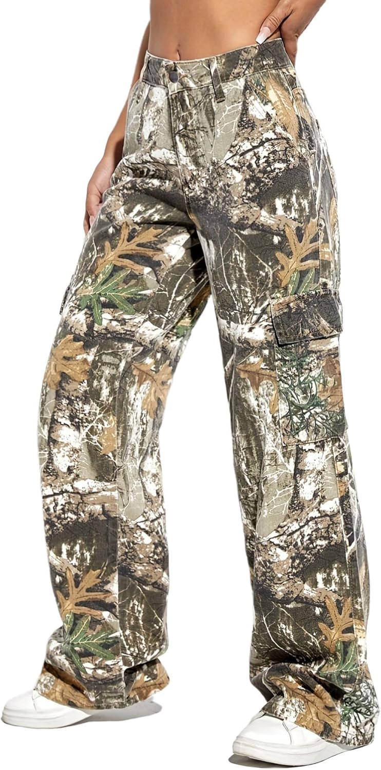 Camo Pants Women High Waist Baggy Wide Leg Camouflage Army Fatigue Jean Trousers Slim Fit Pockets Joggers Sweatpants