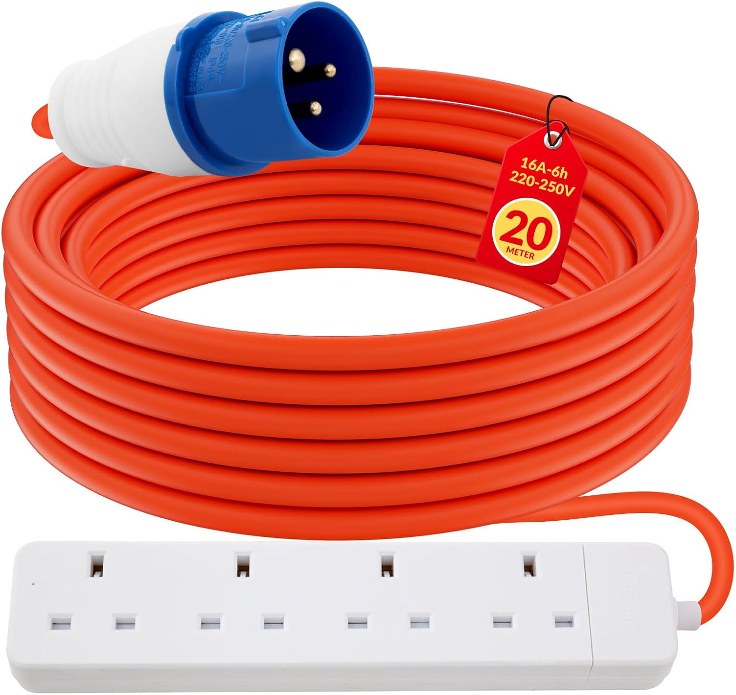 4 Gang Electric Hook Up for Camping,20 Metres 16A to 13A Extension Lead,Heavy Duty-250V Mains Lead for Caravans,Mobile Homes,Motorhomes