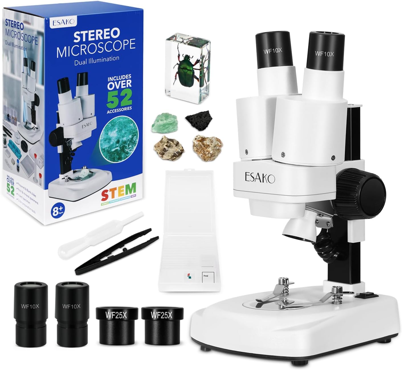ESAKO Dual LED Kids Microscope - Science Kit with 10 Prepared Slides & 10 DIY Blank Slides, Mineral & Insect Specimens, Microscope Kit for Kids