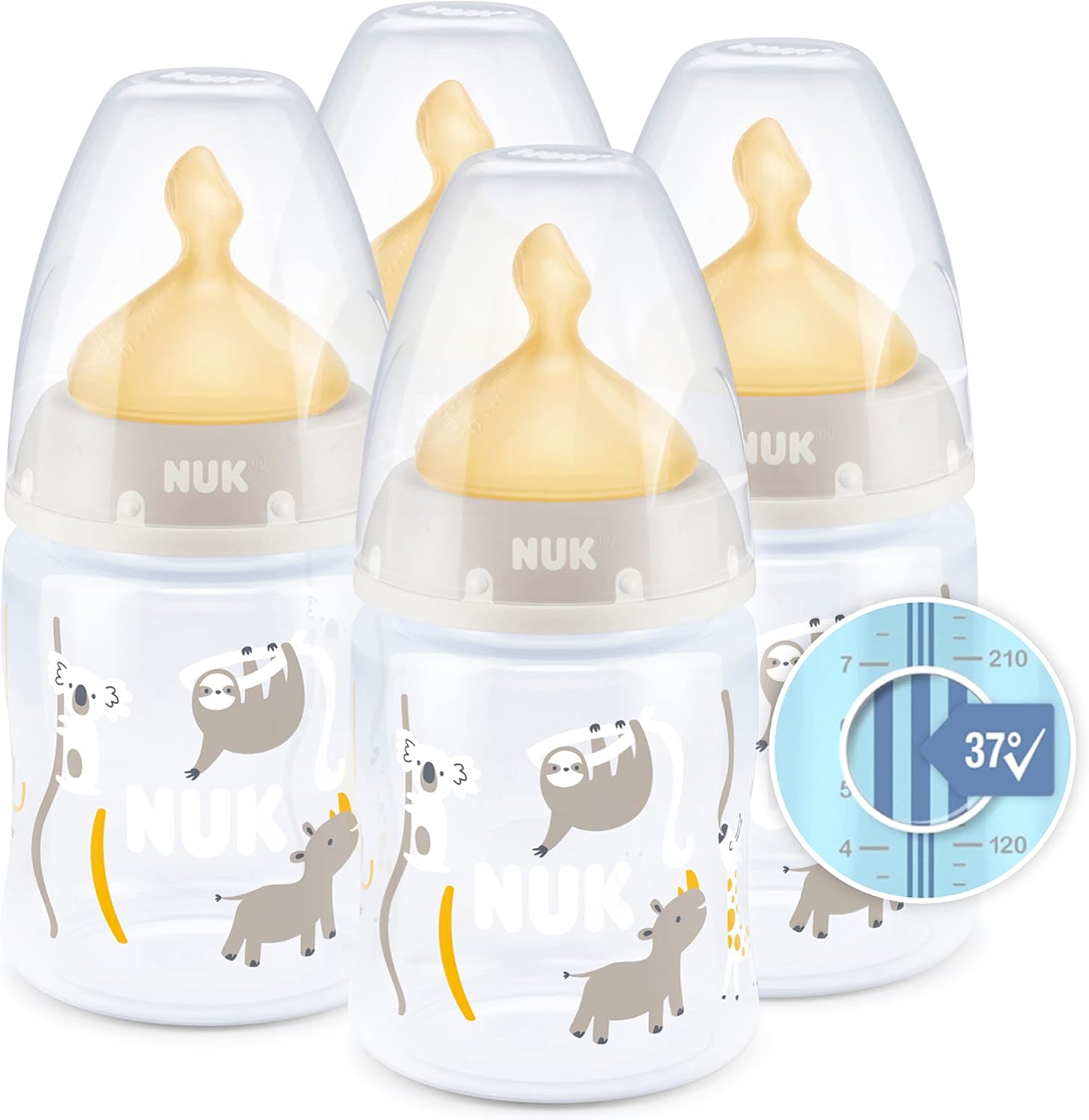 NUK First Choice+ Baby Bottles Set | 0-6 Months | Temperature Control | Anti Colic Vent | 150 ml | BPA-Free | Latex Teat | Safari (Beige) | 4 Count