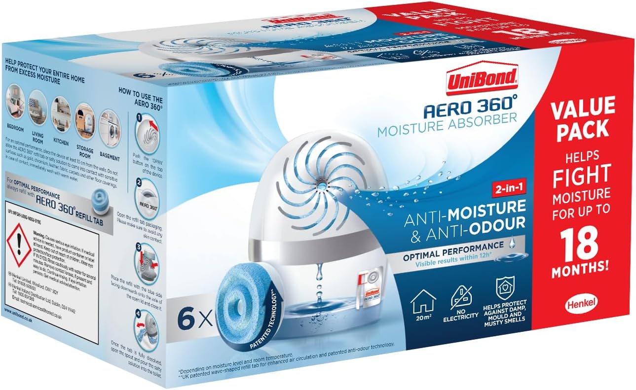 UNIBOND AERO 360° Moisture Absorber Neutral Refill Tab, Ultra-Absorbent and Odour-neutralising, for AERO 360° Dehumidifier, Condensation Absorbers, Pack of 6 (6 x 450g)