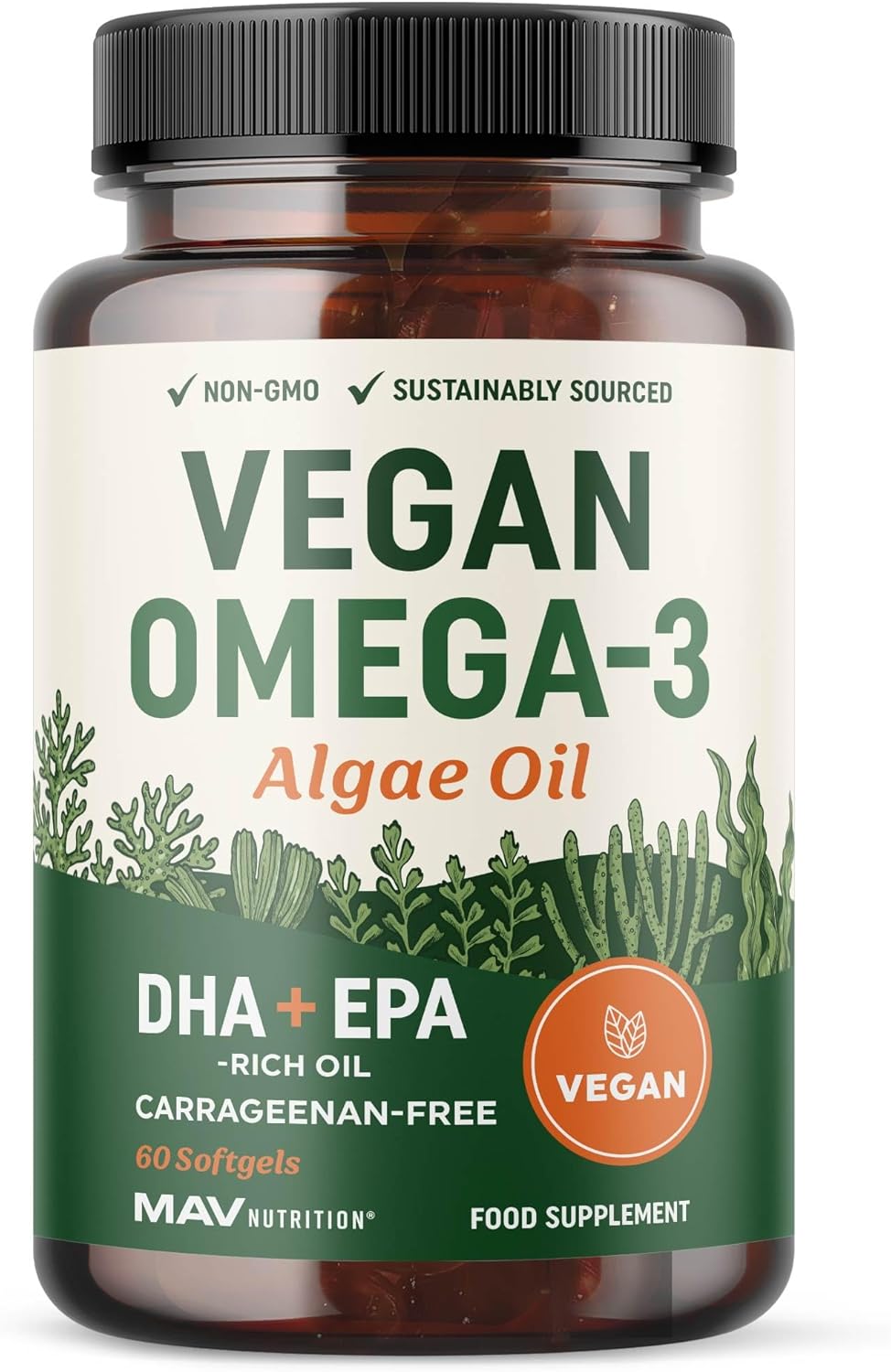 Vegan Omega 3 Algae Oil | Plant Based DHA EPA | Sustainably Sourced, No Carrageenan, Non GMO | Heart, Brain, and Eye Health | Fish Oil Alternative | Algae Omega 3 Supplement | 60 Softgel Capsules