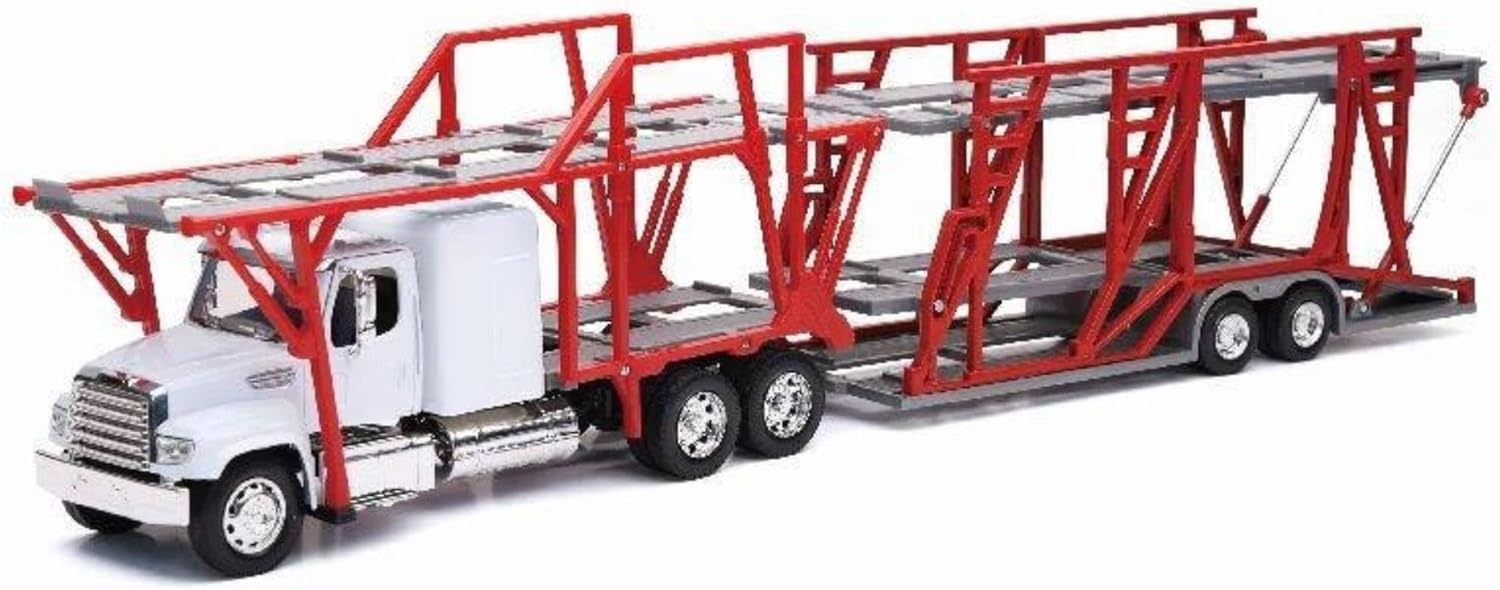 New-Ray Freightliner 114SD Auto Transporter White and Red Long Haul Trucker Series 1/32 Diecast Model 10983