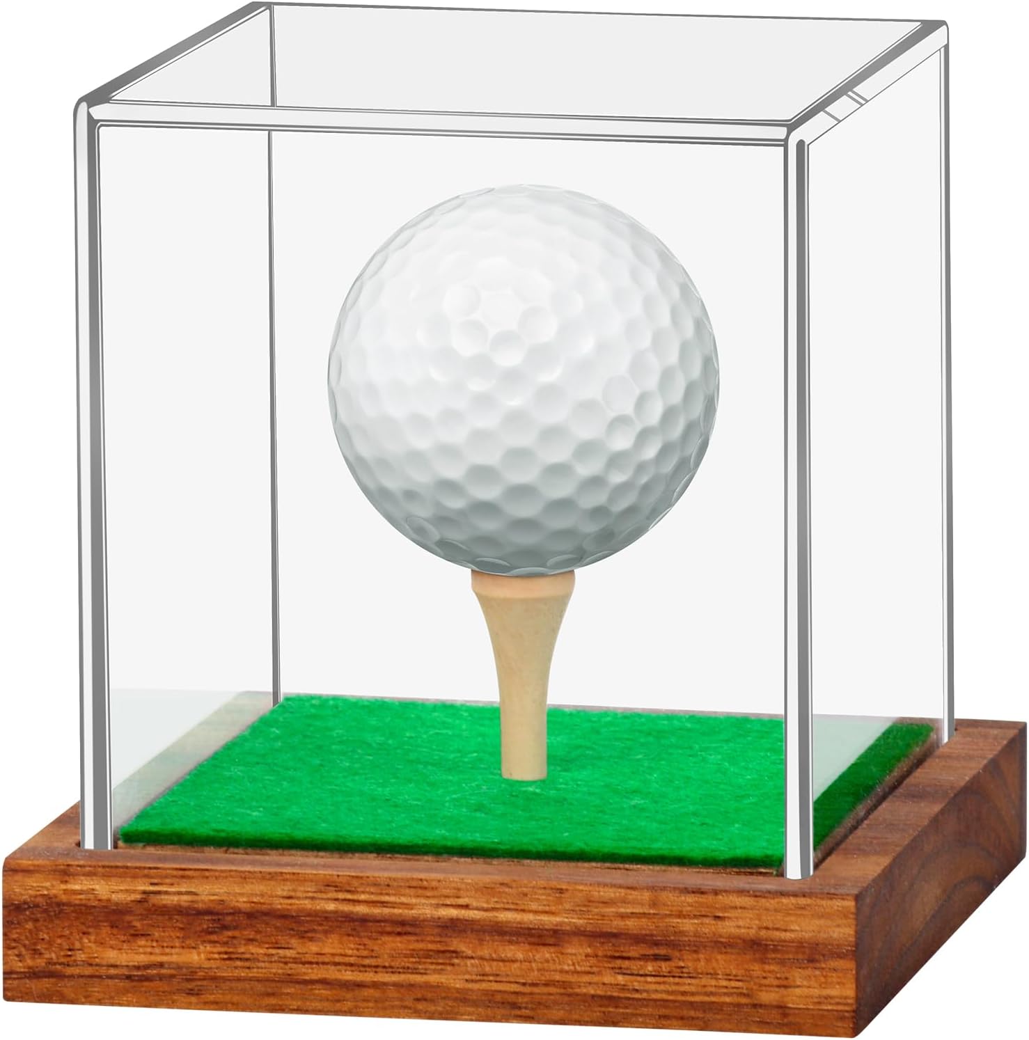 Clear Acrylic Golf Ball Display Case with Wood Base & Tee, Memorabilia Stand Cube Holder, Dust Protection Transparent Storage Box for Single Ball Souvenir Golfball Collections