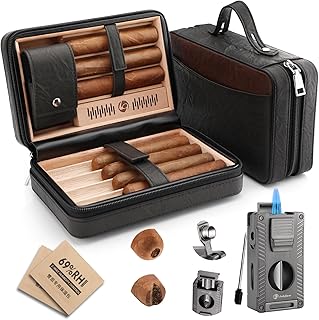 Cigar Humidor, Leather Cedar Wood Travel Cigar Case and Multifunctional 5-in-1 Cigar Lighter Set - Portable Travel Humidor Box with 2 Two-Way Humidity Packs - Cigar Gift for Men (Black)