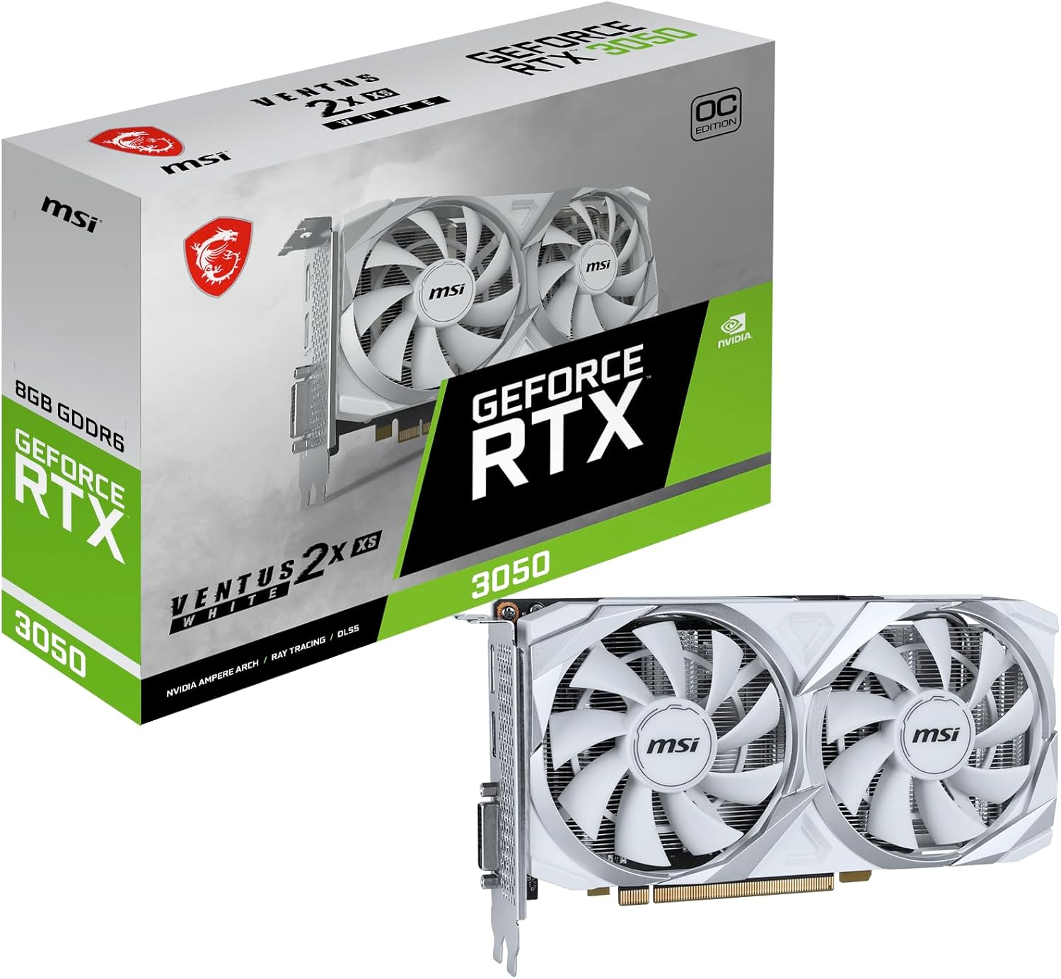MSI GeForce RTX 3050 VENTUS 2X XS WHITE 8G OC Gaming Graphics Card - 8GB GDDR6, 1807 MHz, PCI Express Gen 4, 128-bit, 1x DP (v1.4a), 1x HDMI 2.1 (Supports 4K)