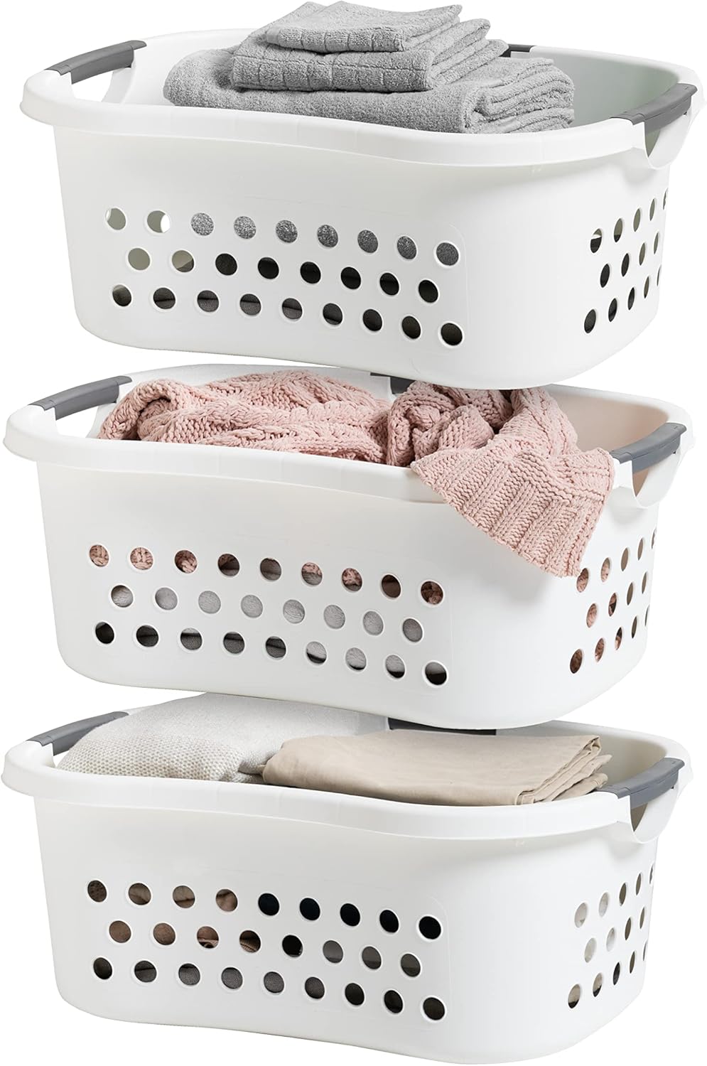 IRIS USA Laundry Basket 50L Large Plastic Hip Hold Hamper with Built-In Comfort Carry Handles, 3-Pack, 1.5 Bushel Hamper for Storage with Ventilation Holes for Closet Dorm Laundry Room Bedroom, White