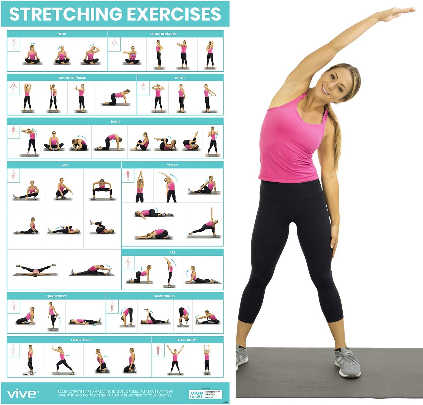 Vive Stretching Exercise Poster - Stretch Workout for Rehab, Gym, Home - Basic Fitness Bodyweight Poses Instruction Guide - Laminated 52 Stretch Pre Post Routines Wall Chart Full Body Yoga Women, Men