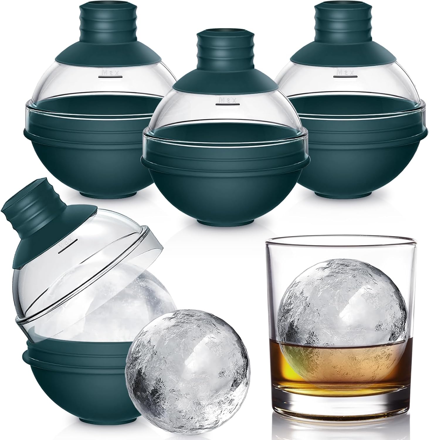 Large Ice Cube Moulds, 4 Pack Silicone Sphere Ice Ball Maker with 2-in-1 Funnel Lid, Reusable Round Ice Cube Moulds Easy to Pop Out, Prefect for Whiskey, Cocktails, Bourbon (Green)