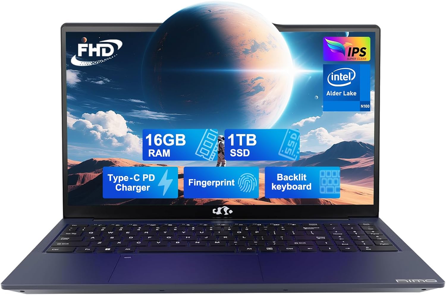 NIMO 15.6 IPS-FHD-Laptop, 16GB RAM 1TB SSD Intel Pentium Quad Core N100, Backlit Keyboard Fingerprint (Beat to i3-1115G4 Up to 3.4GHz) Computer for Student-Home WiFi 6 BT5.2 Win 11