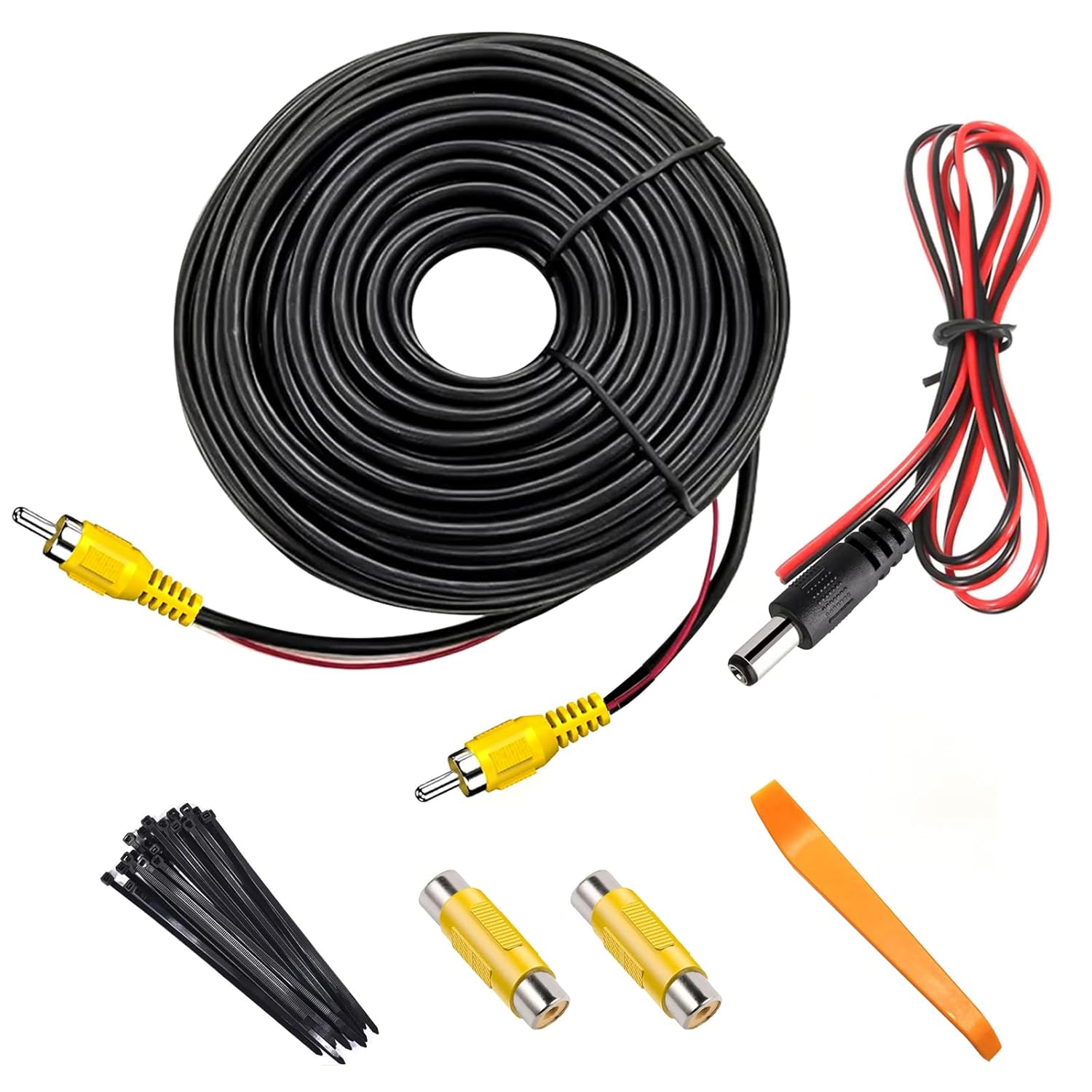 CYZBL RCA Car Video Cable Kit, 10M RCA Cable + 1M DC Power Wire + 2 Adapter + 100 Ties + Pry Tool, for Car Reversing Camera/DVD/TV Audio with Detection Wire