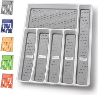 Silverware Organizer with Cutlery Icons，Silverware Tray for Kitchen Drawer，Plastic Flatware Tableware Silverware Drawer Organizer Utensil Organizer with Non-slip TPR Linings，6-Compartment