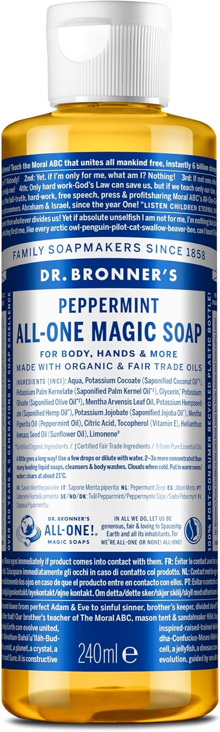 Dr Bronner's 18-in-1 Peppermint Pure-Castile Liquid Soap, Made with Organic Oils, Used for Face, Body, Hair, Laundry, Pets and Dishes, Certified Fair Trade & Vegan Friendly, 237ml Recycled Bottle