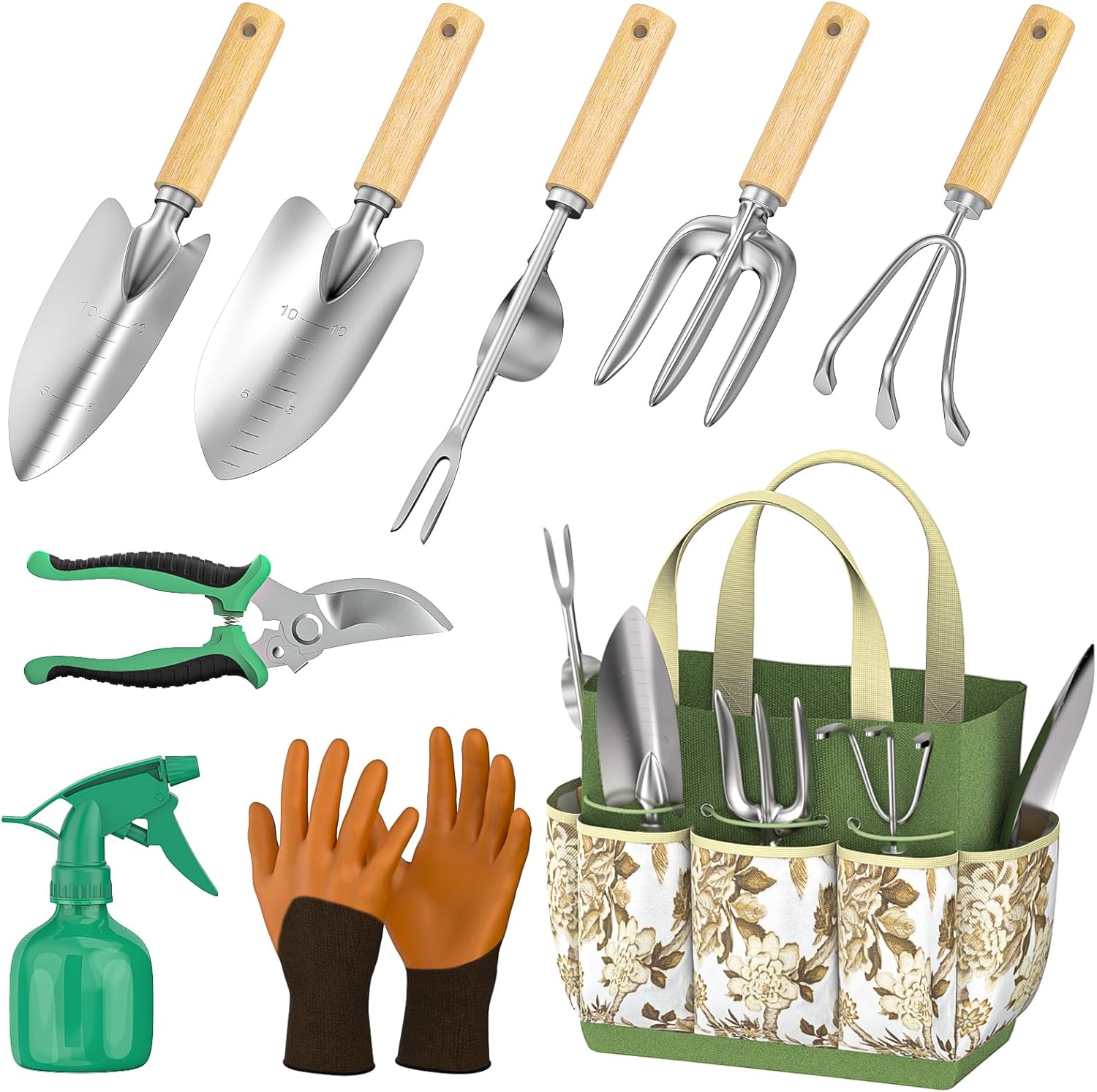Fixmend Garden Tools Set, 9 Pieces Gardening Hand Tool Gift Kit, Stainless Steel Gardening Gifts for Women & Men with Heavy Duty Tool Bag for Easy Storage