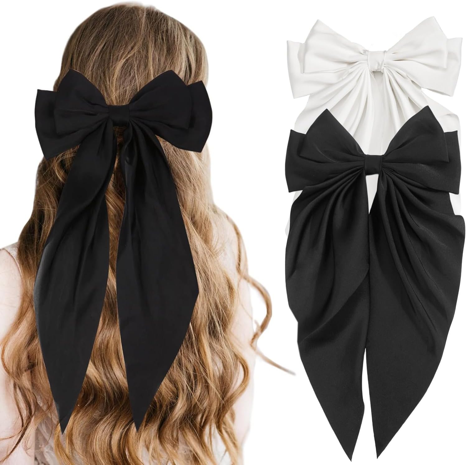 Mylot 2 Pcs Hair Bow Clips for Women - Silky Satin Bowknot Barrettes With Long Tail, Large 7 Inch Hair Bows for Girls