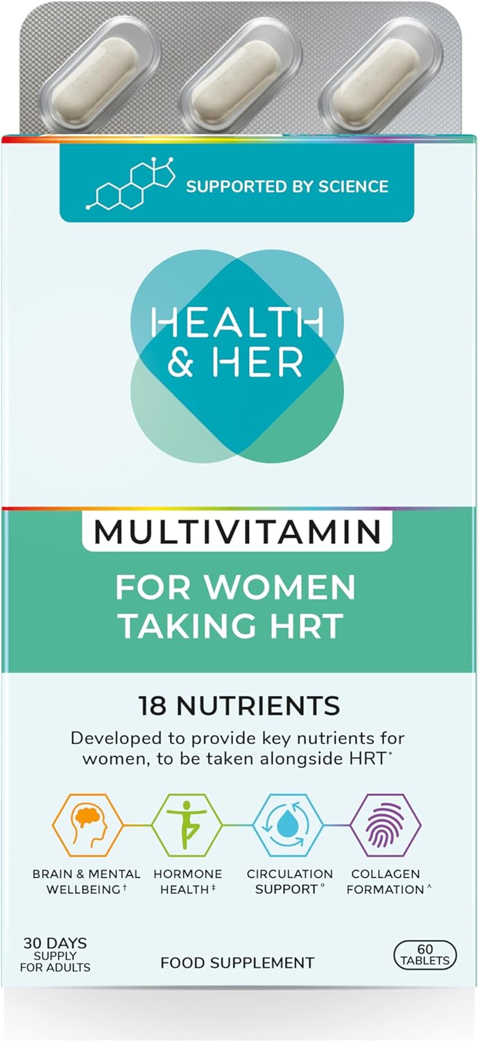 Health & Her Multivitamin for Women Taking Hormone Replacement Therapy (HRT) - Supplements for Women - Nutrition and Wellbeing Support - 1 Month Supply, 60 Tablets - Vegan & Gluten Free