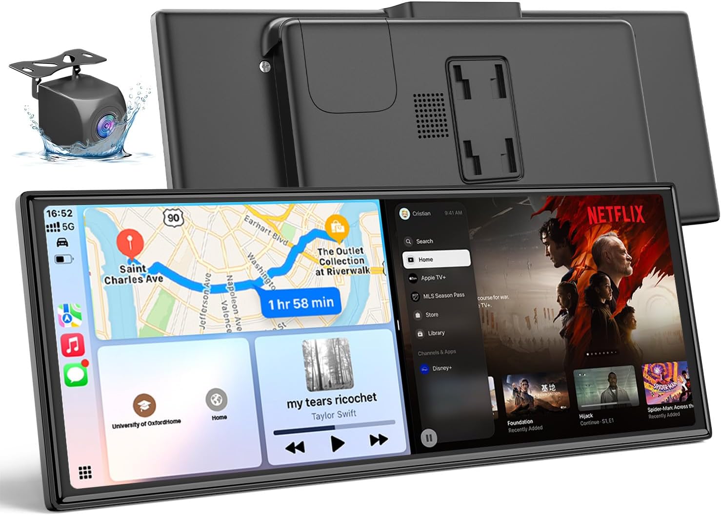 HKA1 Carplay Screen for Car with Netflix/YouTube, True 10.26'' Wireless Apple CarPlay & Android Auto Touchscreen with 1080P Backup Camera, Apple Car Play, Built-in Apps,Split-Screen,Dual WiFi,GPS,Siri