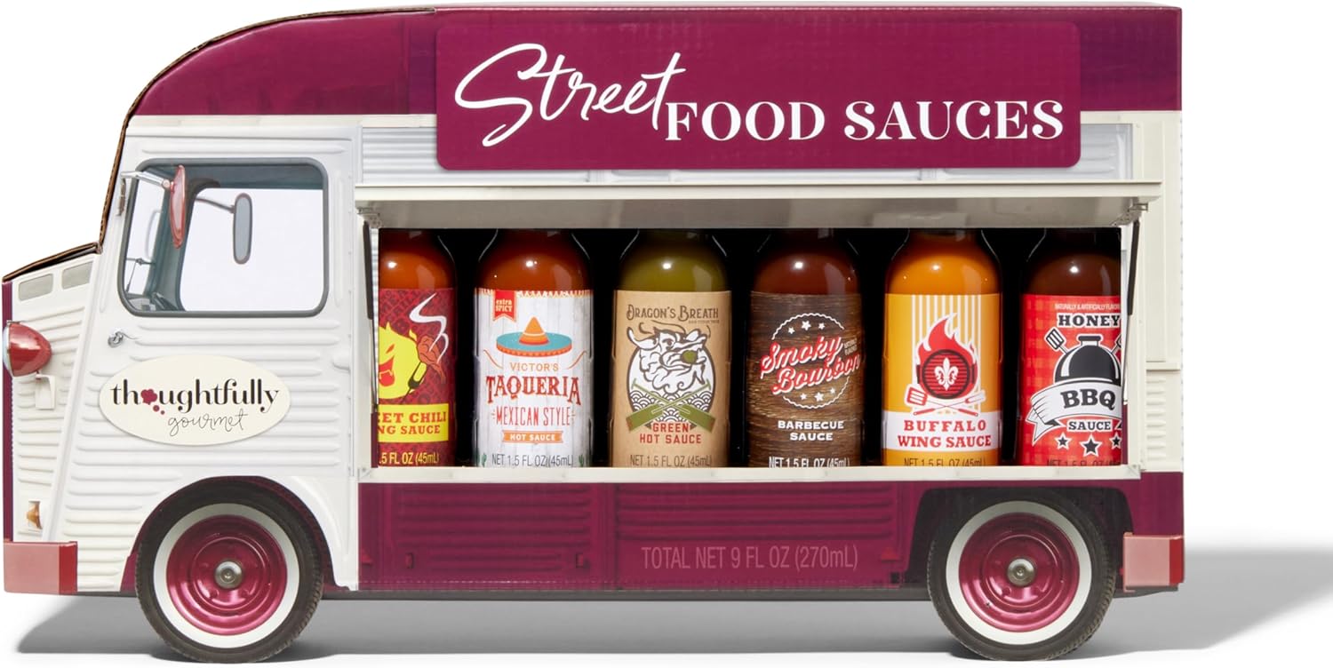 Thoughtfully Gourmet, Street Food Sauces Hot Sauce and BBQ Gift Set, Flavours: Diablo Wings Sauce, Louisiana and More, Vegan and Vegetarian, Set of 6