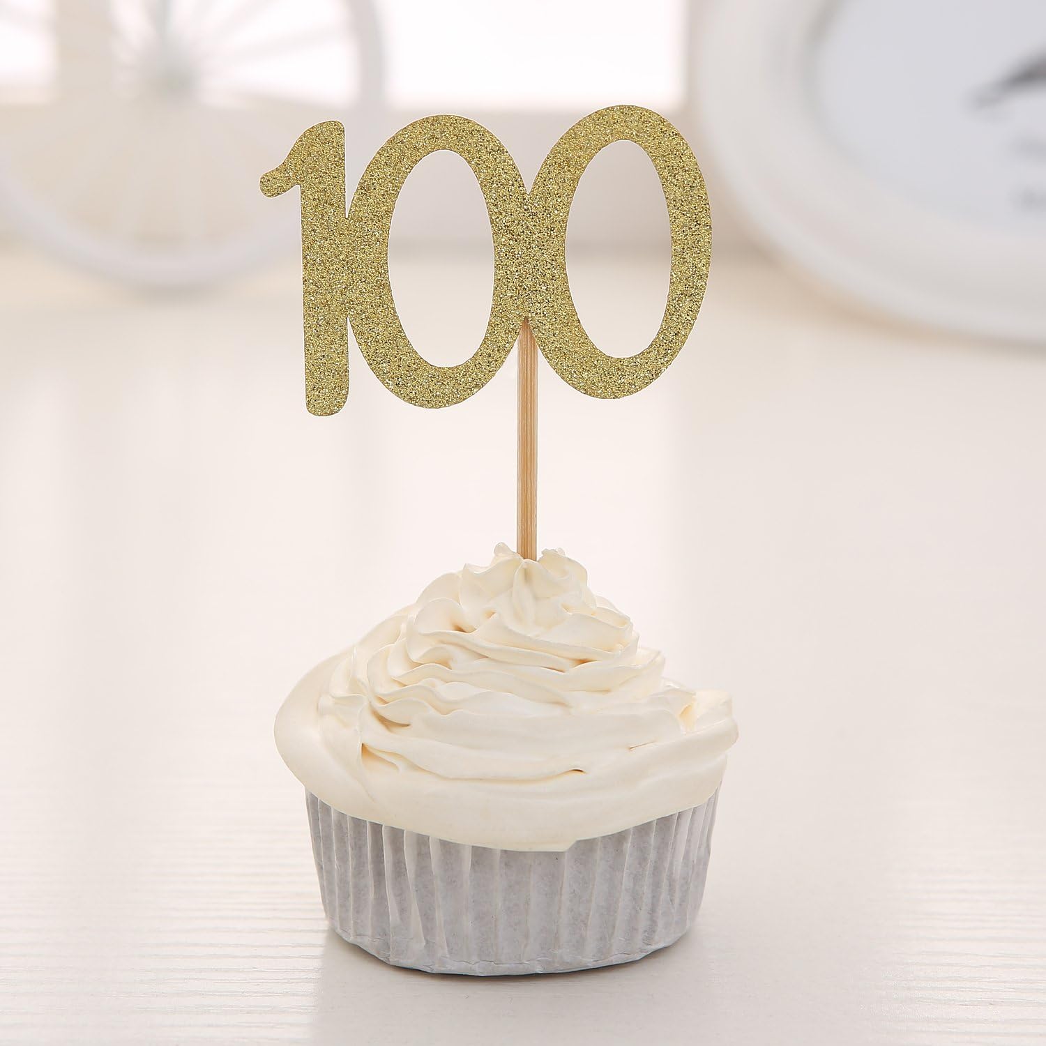Set of 24 Golden Glitter Number 100 Cupcake Toppers Baby's One Hundred Days 100th Celebrating Party Decors