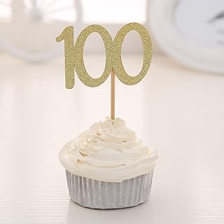 Set of 24 Golden Glitter Number 100 Cupcake Toppers Baby's One Hundred Days 100th Celebrating Party Decors