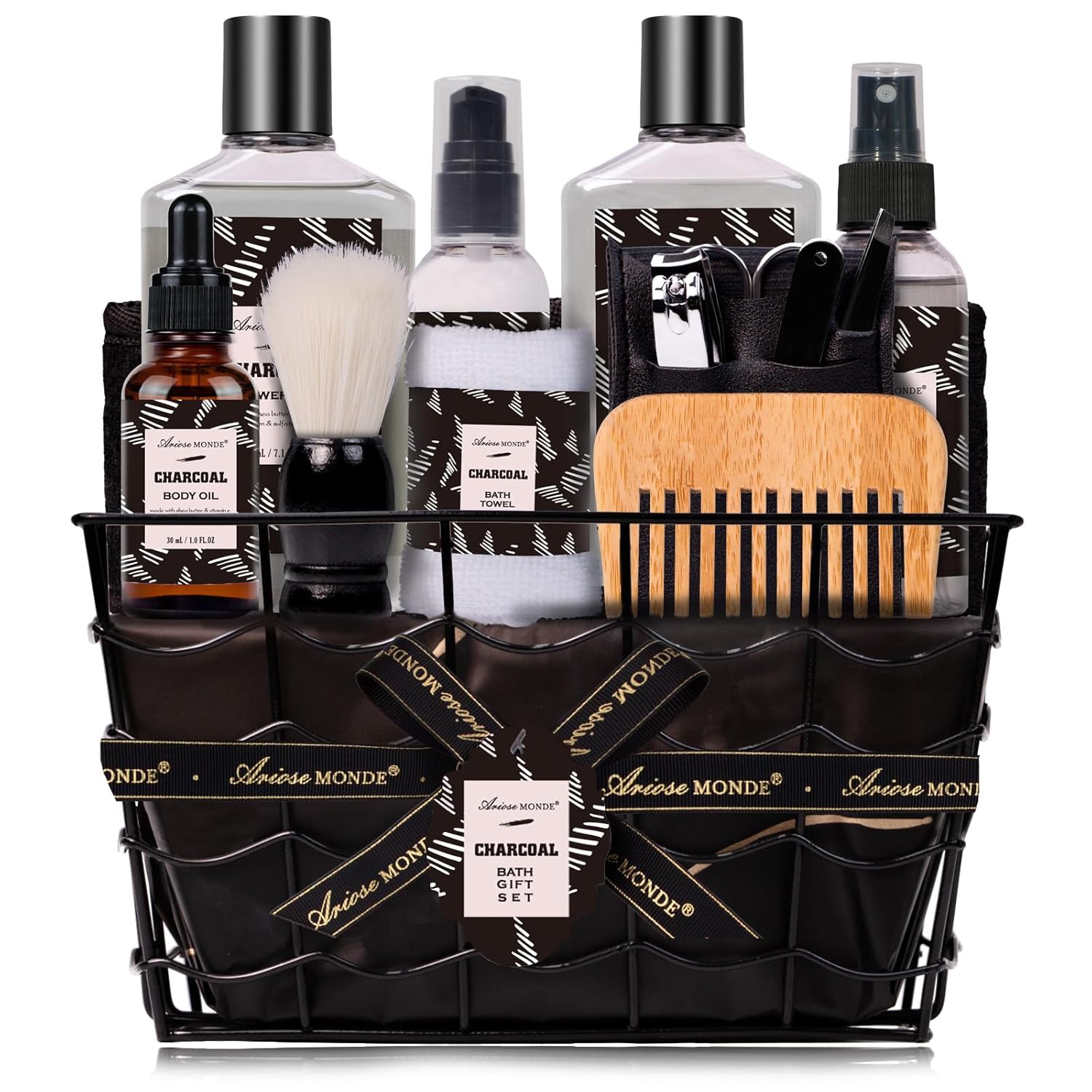 Father Day Gift for Men Spa Gifts for Men, Charcoal Bath and Body Gift Set for Men, 10 Pcs Spa Kits Ideal Birthday, Christmas. Men's Relaxation Bath Baskets, Self Care Kit