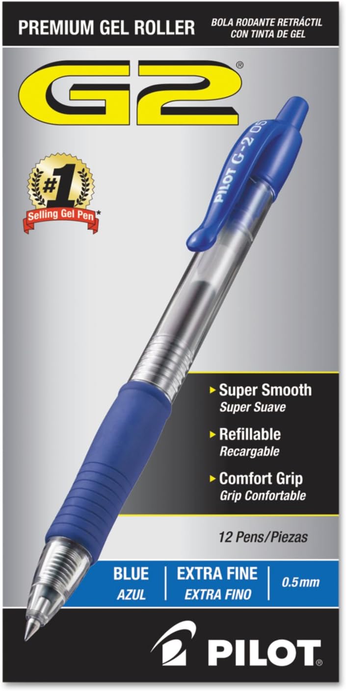 PILOT, G2 Premium Gel Roller Pens, Extra Fine Point 0.5 mm, Pack of 12, Blue